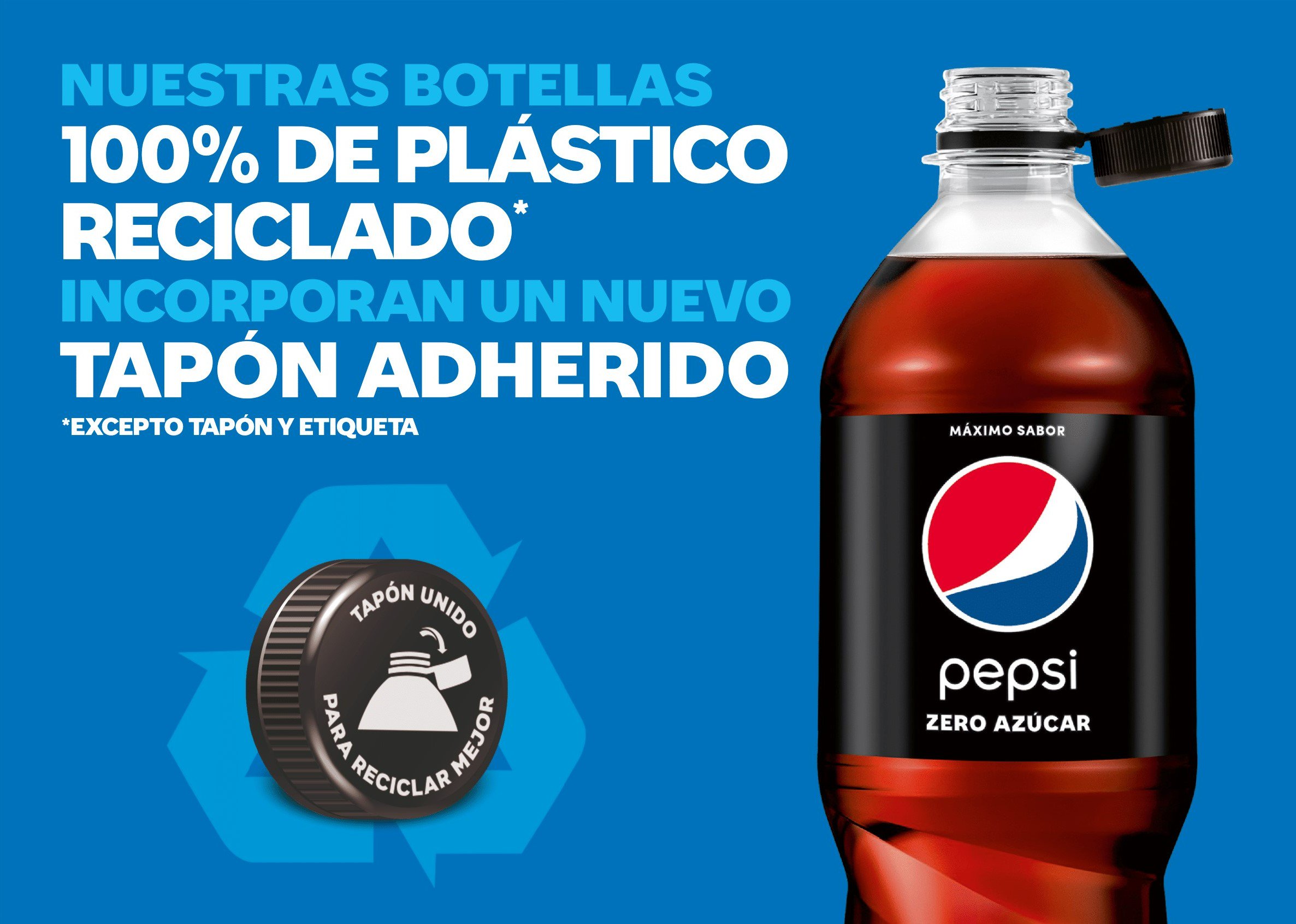 Botella Pepsi Zero 100% rPET con nuevo tapón adherido